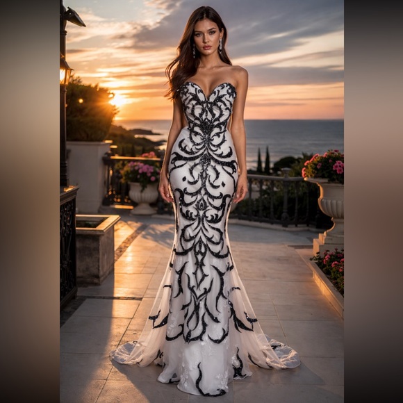 Aidan Mattox Dresses & Skirts - Aidan Mattox Strapless White Dress with Black Embellished Lace Detail